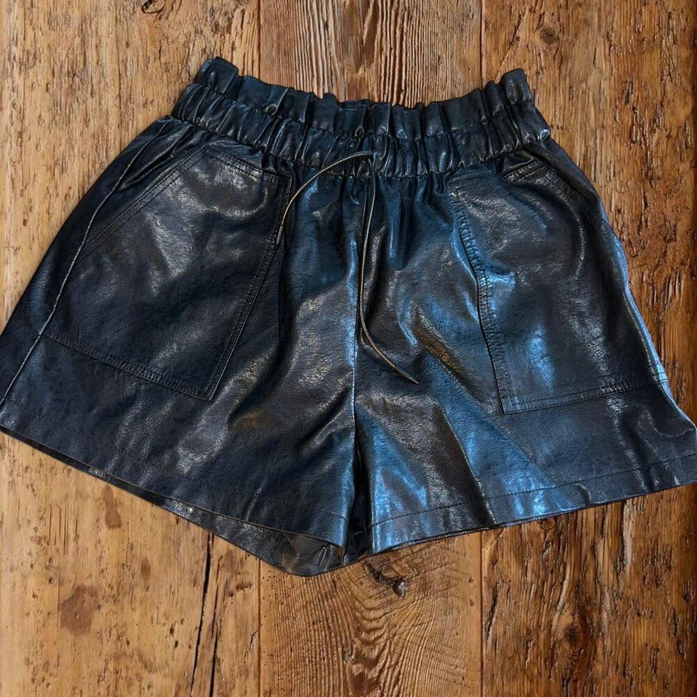 Black faux leather paperbag shorts
